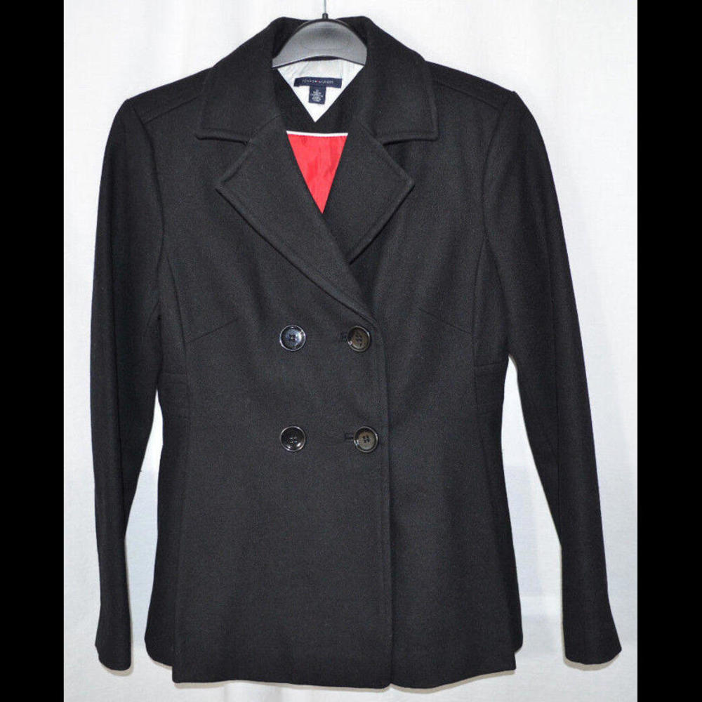 Tommy Hilfiger Double Breasted Peacoat Black Pleated Wool Blend Women's M